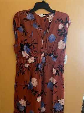 Time and Tru Rust Floral Dress with Blue and Cream Accents